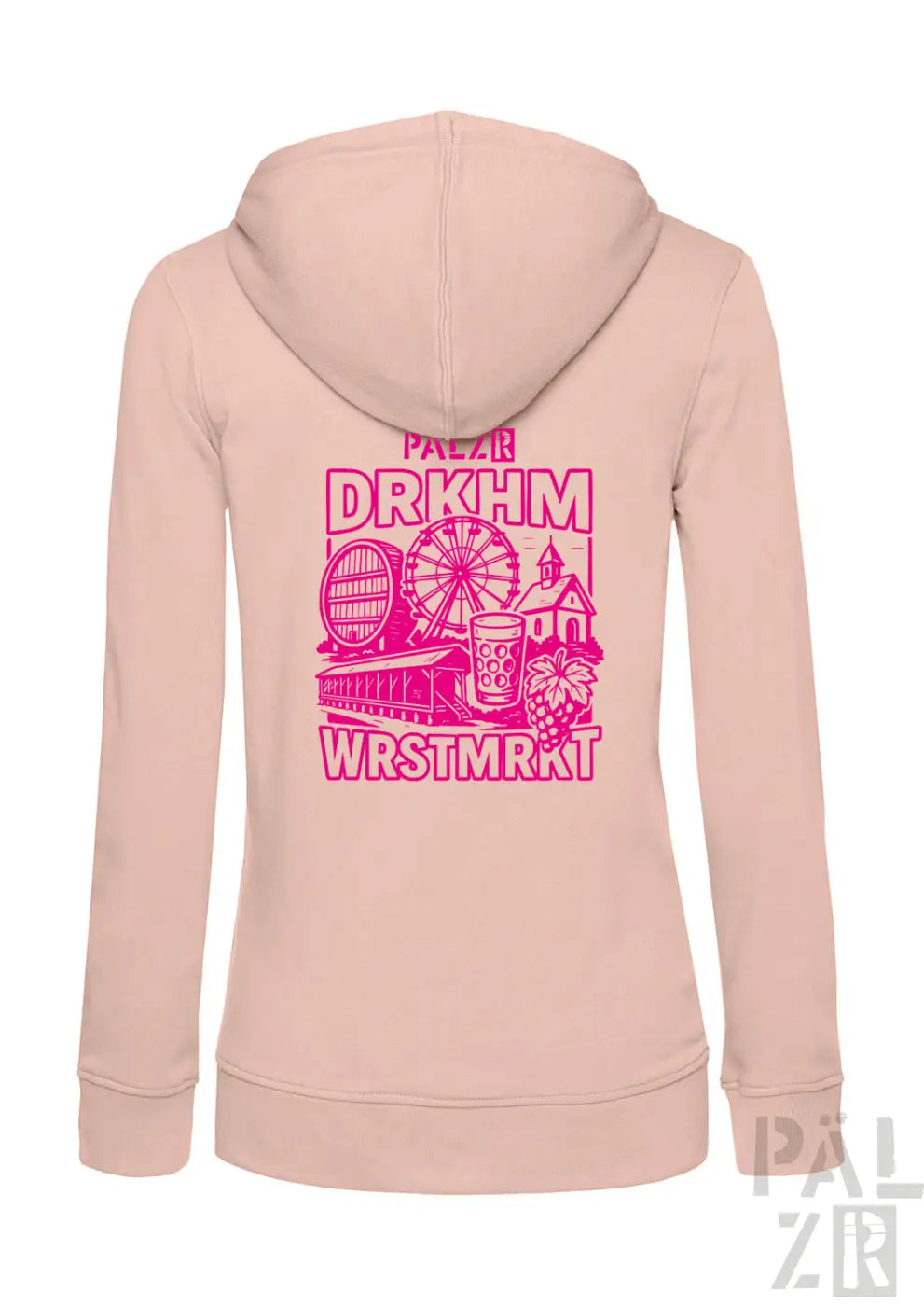Rosa Kapuzenpulli mit Reißverschluss und Grafikdesign, das Elemente eines Vergnügungsparks und Text in einer verspielten Schriftart zeigt.