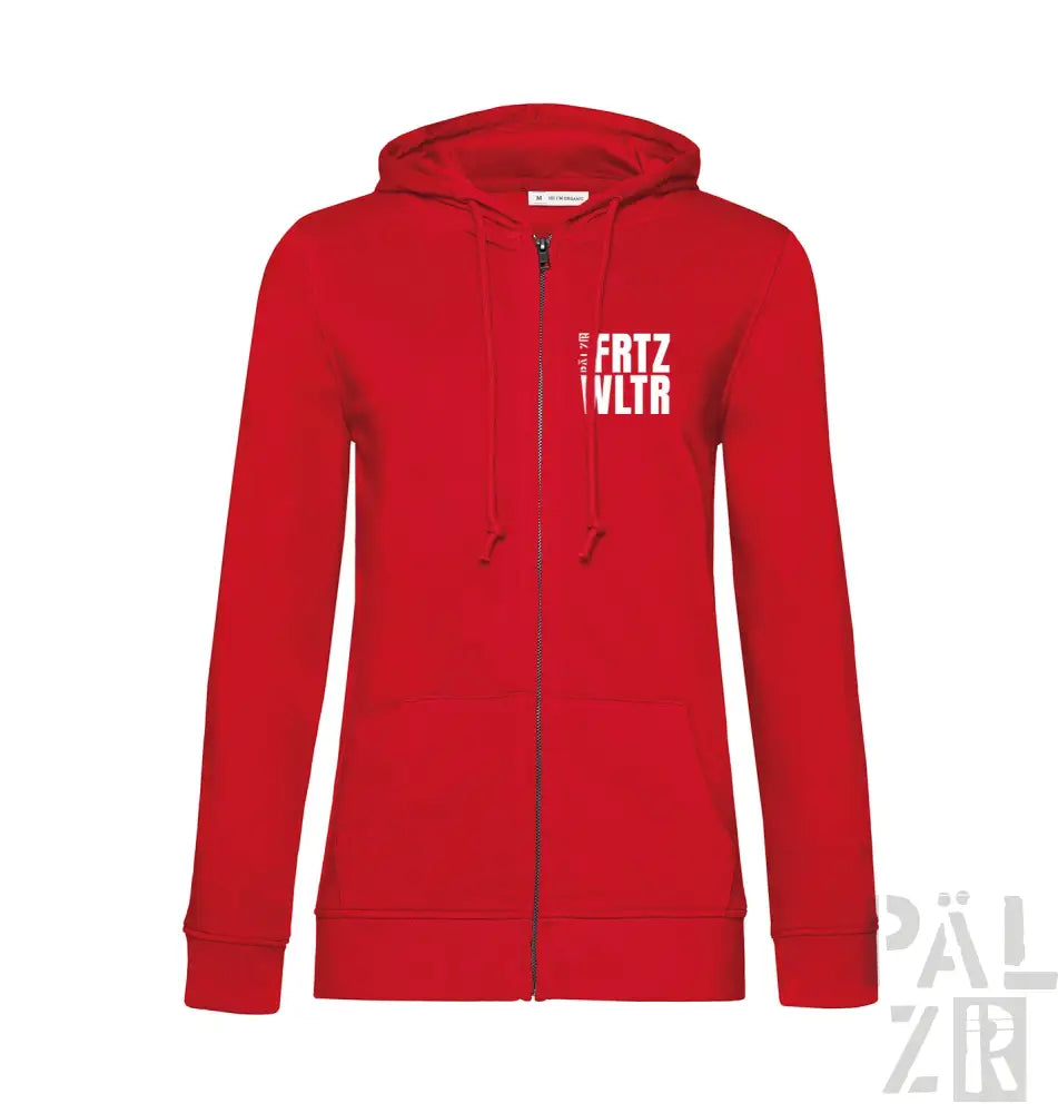 Roter Kapuzenpulli mit Reißverschluss und weißem Textdesign, wahrscheinlich aus Baumwolle oder Polyester-Mischung.