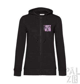 Schwarze Kapuzenjacke mit Reißverschluss und lila Textdesign.