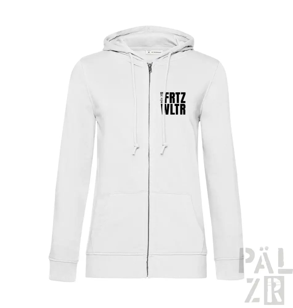 Weiße Kapuzenjacke mit Reißverschluss und schwarzem Text-Design.