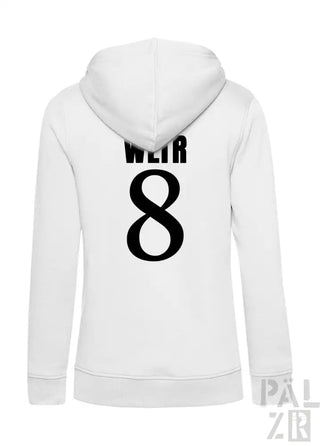 Weiße Kapuzenjacke mit ’weir 8’’-Design auf dem Rücken.