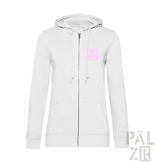 Weiße Kapuzenjacke mit Reißverschluss und pinkem Logodesign, aus einer Mischung aus Baumwolle und Polyester.