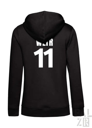 Schwarze Kapuzenjacke mit Reißverschluss und „weir 11“-Design auf dem Rücken.