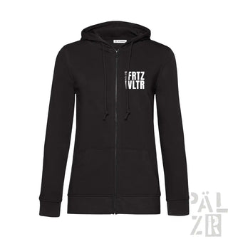 Schwarze Kapuzenjacke mit Reißverschluss und weißem Text-Design, wahrscheinlich aus Baumwolle oder Polyester-Mischung.