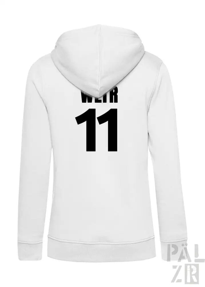 Weiße Hoodie mit „weir 11“-Design auf dem Rücken, aus einer Baumwoll- und Polyestermischung.