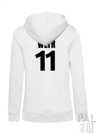 Weiße Hoodie mit „weir 11“-Design auf dem Rücken, aus einer Baumwoll- und Polyestermischung.