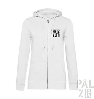 Weiße Kapuzenjacke mit Reißverschluss und schwarzem Text-Design.