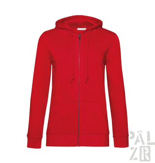 Rote Kapuzenjacke mit Kapuze und Vorderriegel, wahrscheinlich aus Baumwolle oder Polyester-Mischung gefertigt.