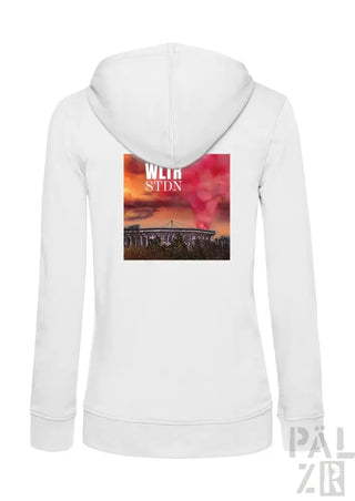 Weiße Kapuzenjacke mit Reißverschluss, Stadion-Grafik und Sonnenuntergangsdesign.