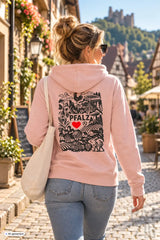 Weiche rosa zipper hoodie für frauen mit schwarzem pfalz backprint und rotem herz in verschiedenen farben