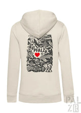 Creamfarbener zip-hoodie für frauen mit schwarzem und rotem backprint der pfalz region mit häusern bäumen und fässern