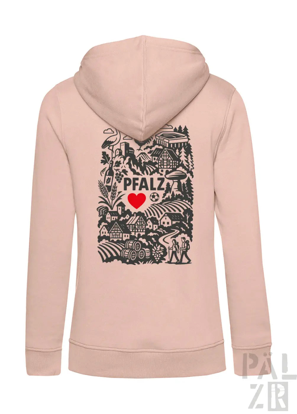 Weiche rosa damen zip-up hoodie mit schwarzem und rotem illustrativem rückenprint pfalz und herzsymbol