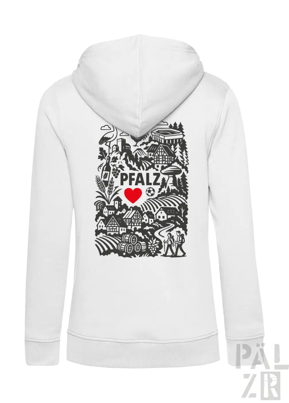 Weißer damen zip-up hoodie mit schwarzem und rotem pfalz region design auf der rückseite mit häusern bäumen fässern und personen