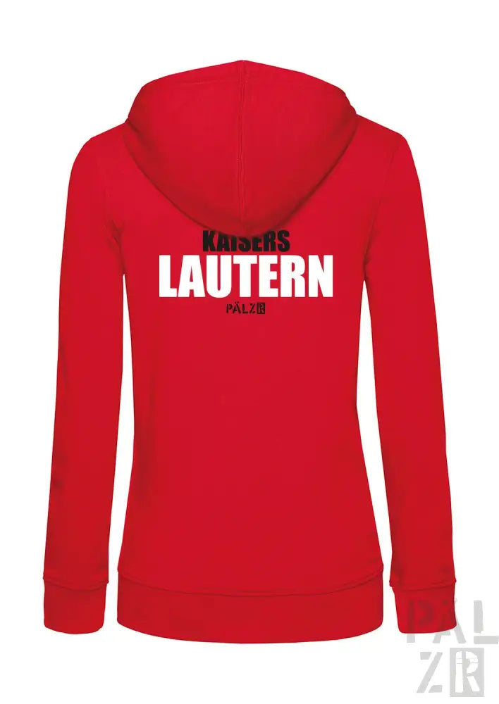 Roter Kapuzenpulli mit Reißverschluss und Textdesign ’kaisers lautern’.