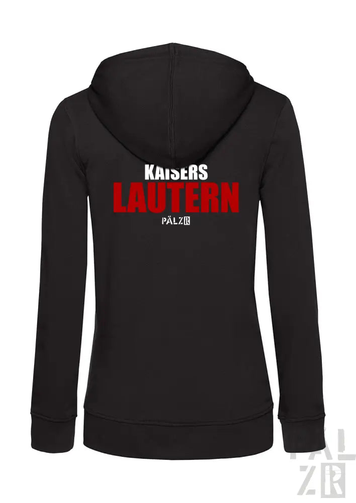 Schwarze Kapuzenjacke mit Reißverschluss und ’kaiserslautern’-Text in rot-weißem Design, palziii-Logo.
