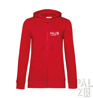 Roter Kapuzenpulli mit Reißverschluss, weißem Logo und Kordelzügen.