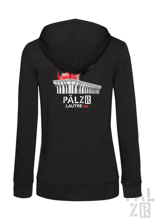 Schwarze Kapuzenjacke mit Reißverschluss, rotem Flammendesign und weißem Text „palzir lautre 2017“ auf dem Rücken.