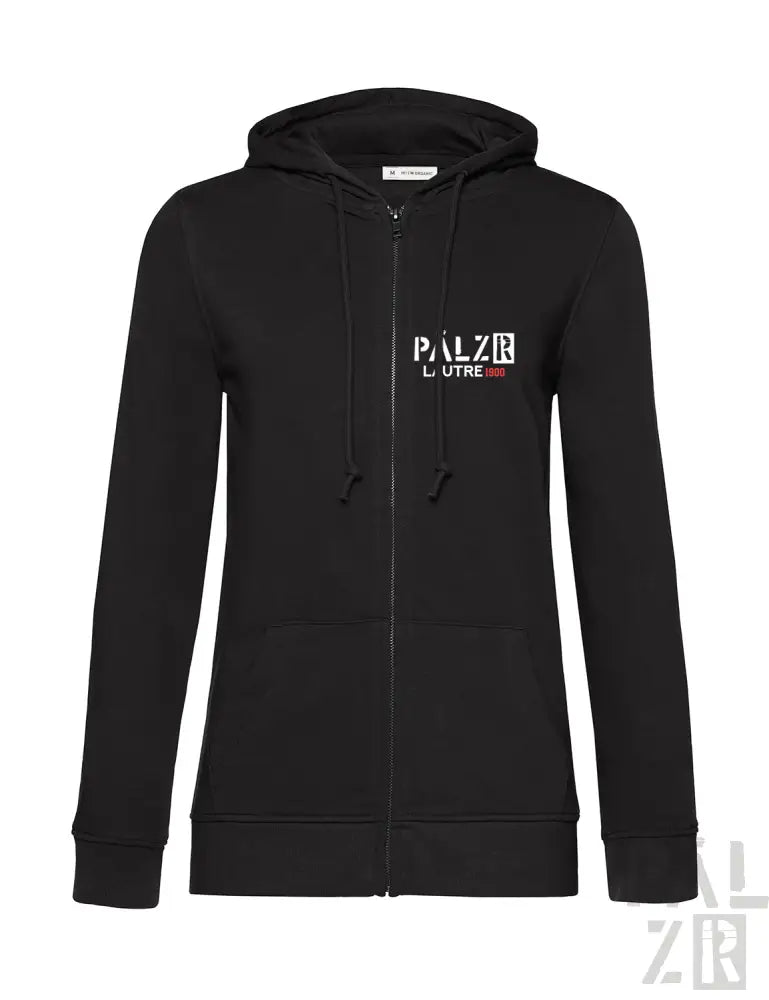 Schwarzes Kapuzen-Sweatshirt mit Reißverschluss und Textdesign ’palzir l’utre’, aus Baumwolle.