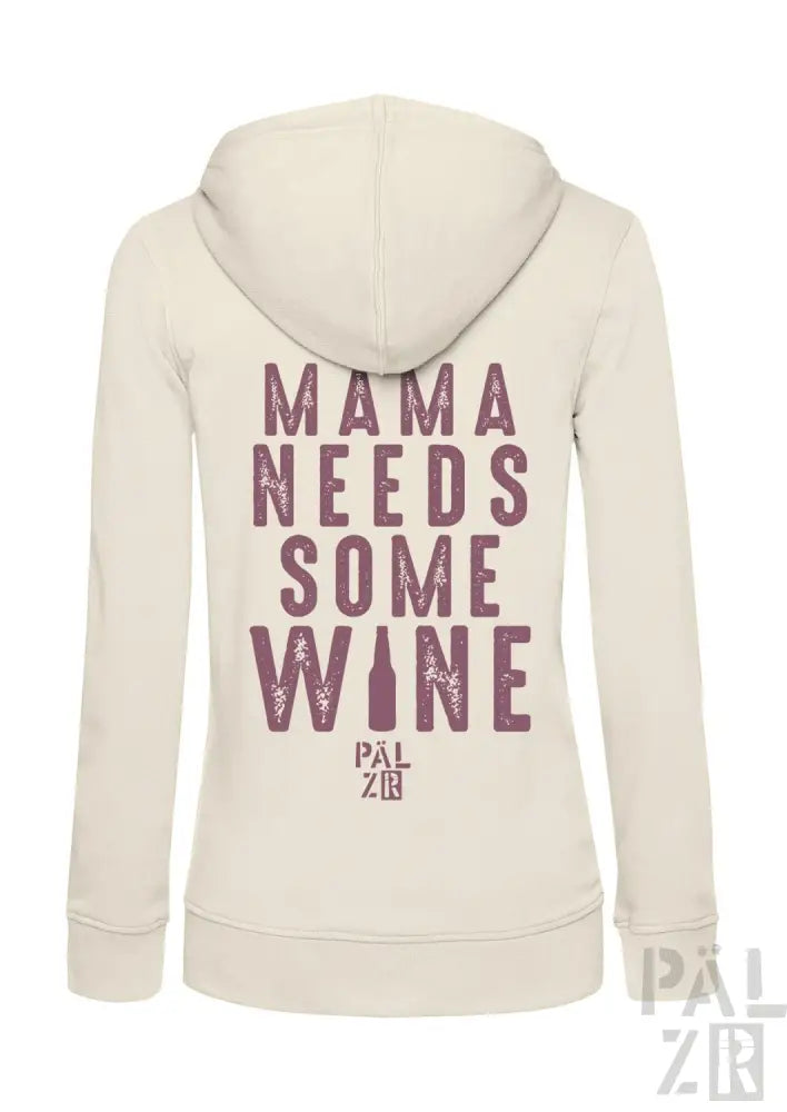 Cremeweißer Hoodie mit Text „mama braucht etwas Wein’ und Weinflaschen-Grafik, Marke Pal Zileri.