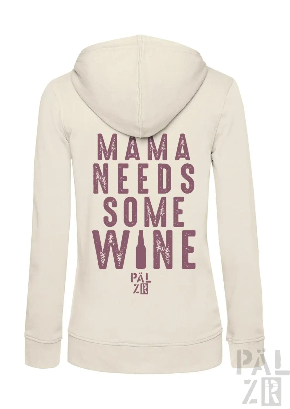 Cremeweißer Hoodie mit Text „mama braucht etwas Wein’ und Weinflaschen-Grafik, Marke Pal Zileri.