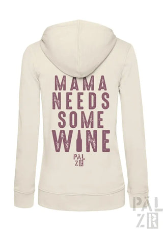 Cremeweißer Hoodie mit Text „mama braucht etwas Wein’ und Weinflaschen-Grafik, Marke Pal Zileri.