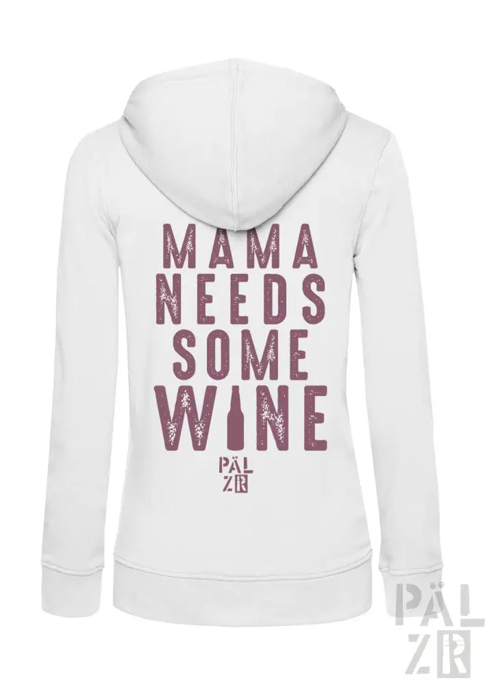 Weiße Kapuzenjacke mit Reißverschluss und Text ’mama braucht etwas Wein’ in Burgunderrot und schwarzem Design, Marke Pal Zileri.