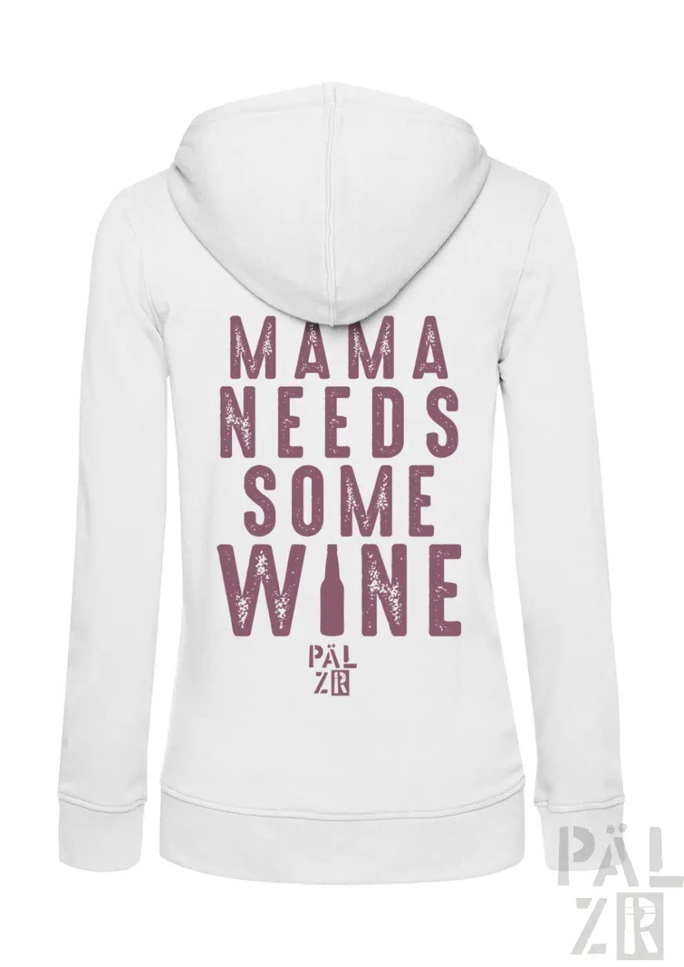 Weiße Kapuzenjacke mit Reißverschluss und Text ’mama braucht etwas Wein’ in Burgunderrot und schwarzem Design, Marke Pal Zileri.