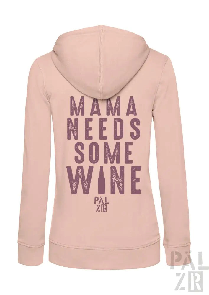 Rosa Kapuzenpulli mit Reißverschluss und Textdesign ’mama braucht etwas Wein’.