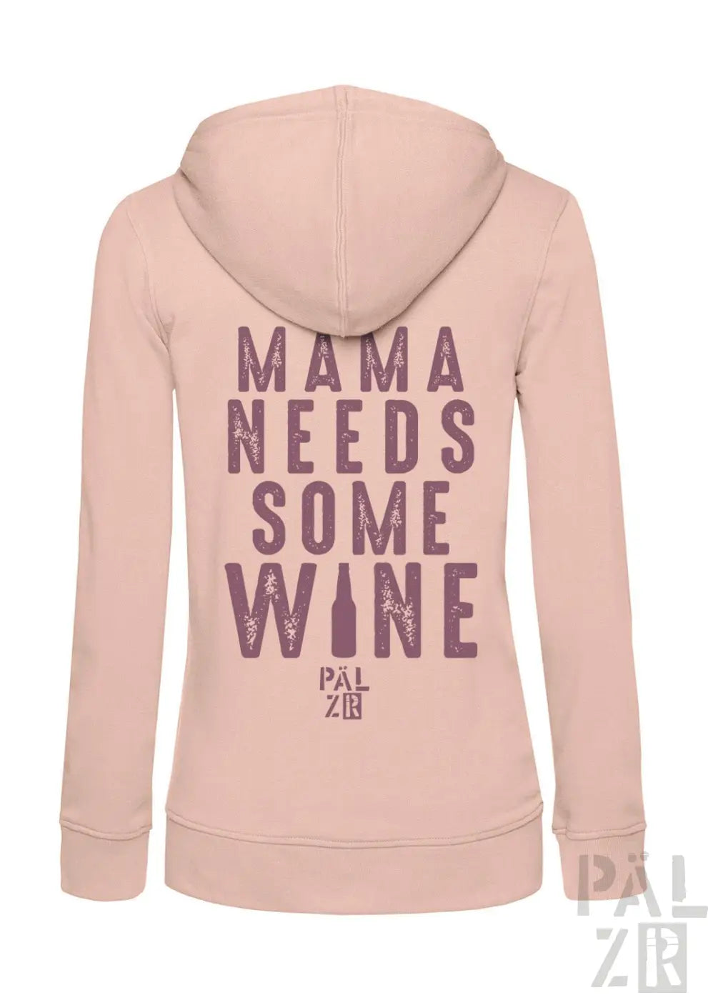 Rosa Kapuzenpulli mit Reißverschluss und Textdesign ’mama braucht etwas Wein’.