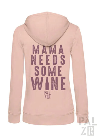 Rosa Kapuzenpulli mit Reißverschluss und Textdesign ’mama braucht etwas Wein’.