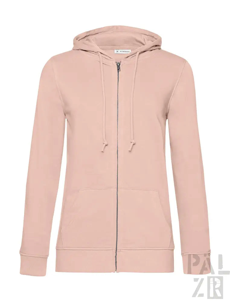 Hellrosa Kapuzenpulli mit Reißverschluss, Kordelkapuze und gerippten Bündchen, aus weichem Baumwollmischgewebe.