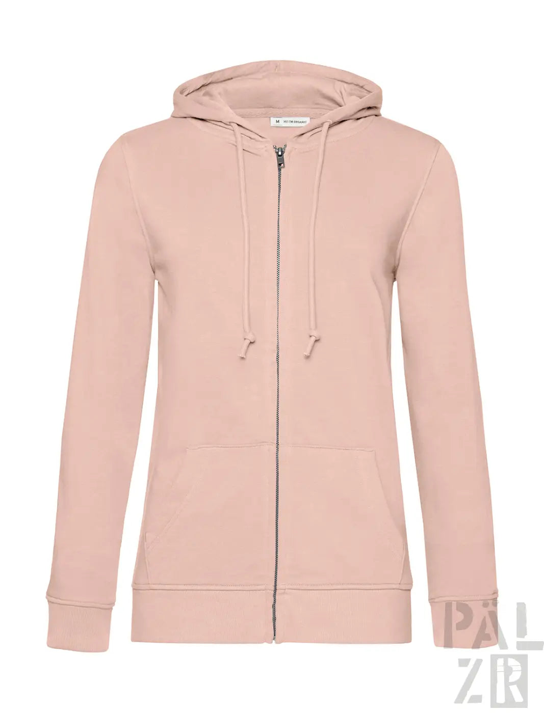 Eine weiche, zartrosa Reißverschluss-Hoodie mit passender Kordelkapuze und Vordertaschen, hergestellt aus glatter Baumwollmischgewebe.