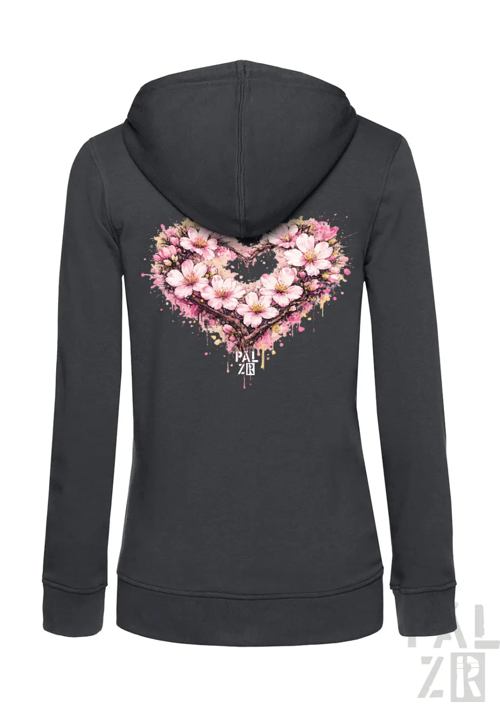Dunkelgraues Reißverschluss-Hoodie mit einem lebendigen pinken Kirschblüten-Herz-Design auf dem Rücken und der Marke ’pal zor’ darunter.