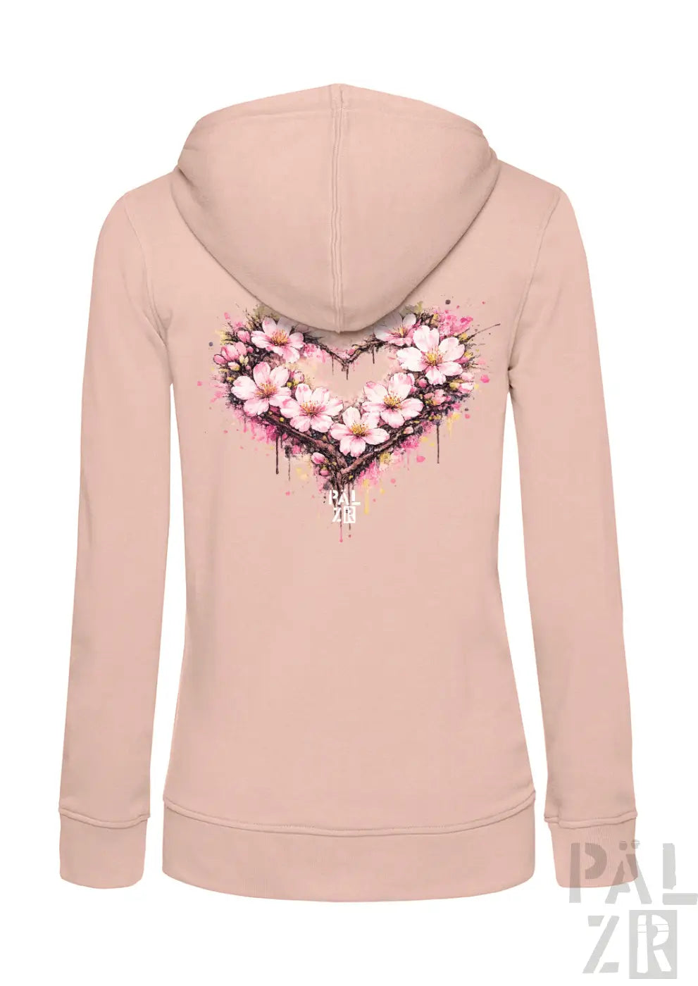 Ein weiches, zart rosafarbenes Damen-Hoodie mit einem lebendigen Aquarell-Herz-Design, das mit zarten Kirschblüten und subtilen Spritzeffekten verziert ist.