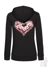 Schwarzes Reißverschluss-Hoodie mit einem lebendigen pinken Kirschblüten-Herz-Design mit Spritzeffekten und dem Markennamen „pall zor“ darunter.