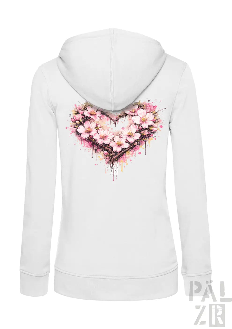 Weiße Kapuzenjacke mit Reißverschluss, die ein lebendiges, pinkfarbenes Kirschblüten-Herz-Design mit Aquarell-Spritzereffekten auf der Rückseite aufweist.