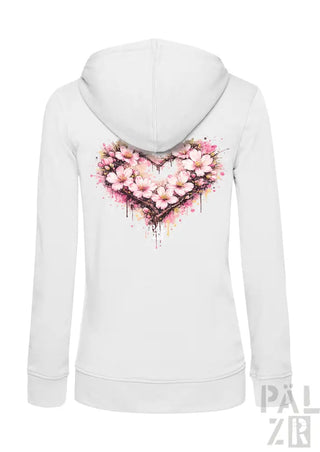 Weiße Kapuzenjacke mit Reißverschluss, die ein lebendiges, pinkfarbenes Kirschblüten-Herz-Design mit Aquarell-Spritzereffekten auf der Rückseite aufweist.