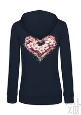 Marineblaue Kapuzenjacke mit Reißverschluss und einem lebendigen pinken Kirschblüten-Herz-Design mit Spritzereffekten und dem Text „pall zen“ darunter