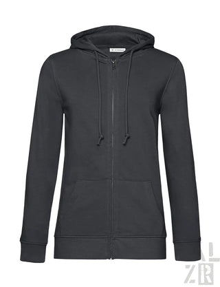 Schwarze Kapuzenpulli mit Reißverschluss, Kapuze und Kordeln, aus weichem Baumwollmischgewebe.