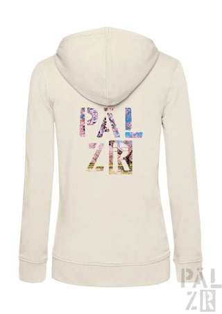 Cremeweiße Kapuzenjacke mit blumigem ’palzr’-Grafikdesign.