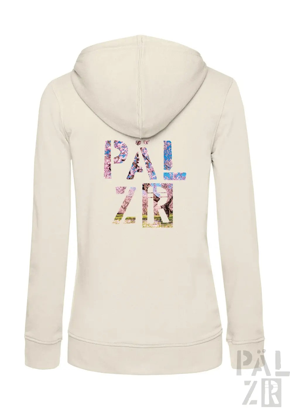 Frauen zipper hoodie in creme mit floralem pälzr mandelblüte graphic design in verschiedenen farben