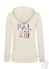 Frauen zipper hoodie in creme mit floralem pälzr mandelblüte graphic design in verschiedenen farben