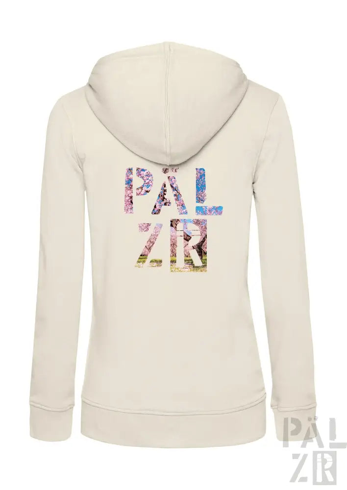Creme-farbene Hoodie mit floralem ’palzr’ Grafikdesign.