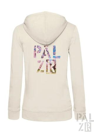 Creme-farbene Hoodie mit floralem ’palzr’ Grafikdesign.