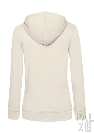 Cremeweiße Kapuzenjacke mit Kordelkapuze und gerippten Bündchen, wahrscheinlich aus einer Baumwoll- oder Polyestermischung.