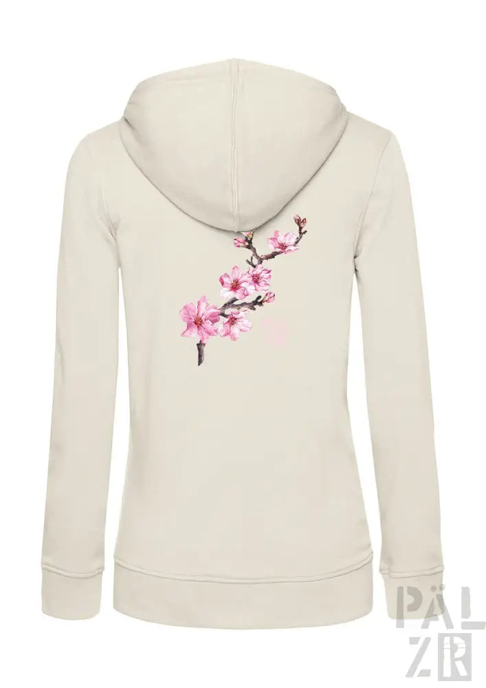 Cremeweiße Hoodie mit Kirschblüten-Design auf dem Rücken, mit Reißverschluss und Kapuze.