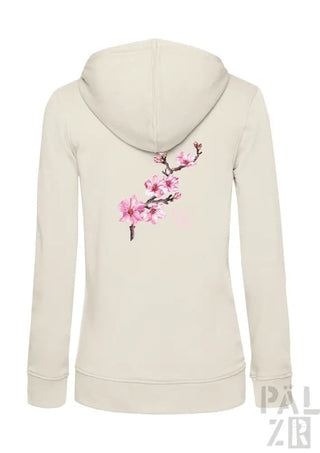 Cremeweiße Hoodie mit Kirschblüten-Design auf dem Rücken, mit Reißverschluss und Kapuze.