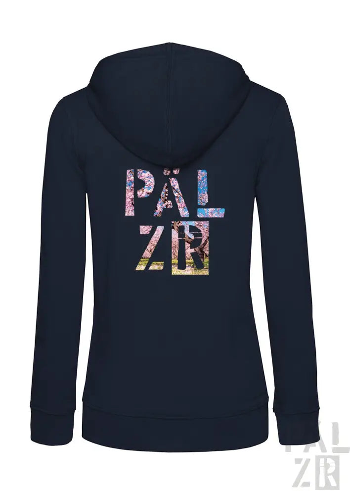 Marineblaue Kapuzenjacke mit Reißverschluss und ’palzir’ Grafikdesign.