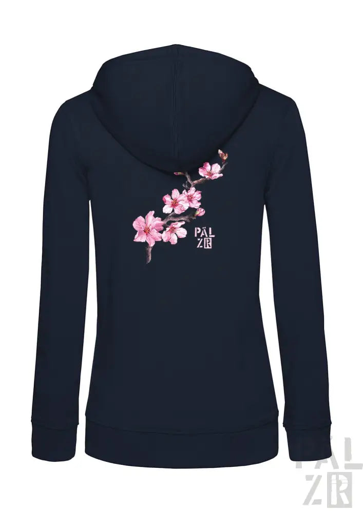 Marineblaue Kapuzenjacke mit pinkem Kirschblüten-Design und ’pal zileri’-Branding.