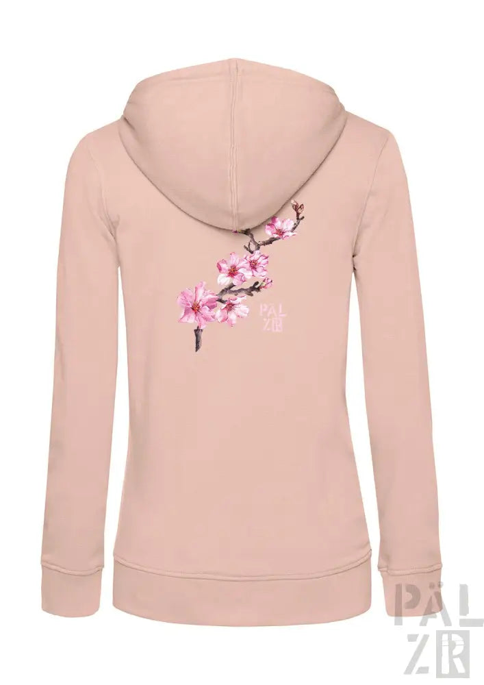 Hellrosa Hoodie mit Kirschblüten-Design auf dem Rücken, aus weichem Baumwollstoff.